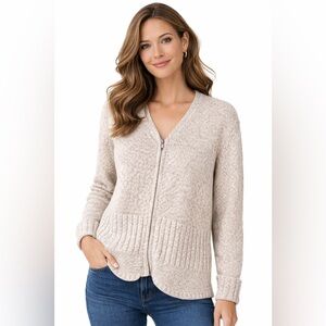 Y2K Christopher & Banks Oatmeal Zip Cardigan L Ramie Cotton Knit Sweater